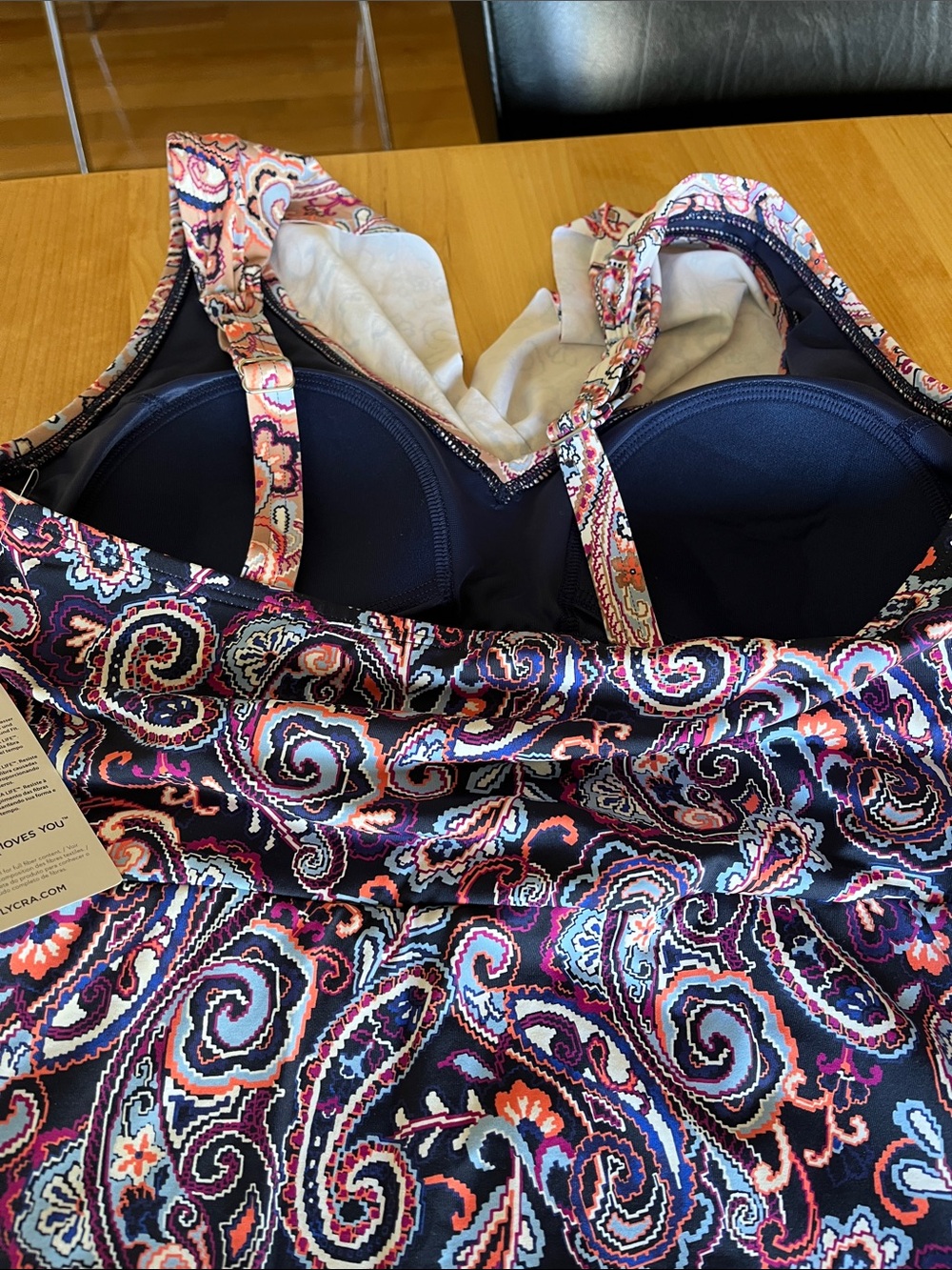 Lands' End Paisley One-Piece Swim Dress in Navy & Peach - Picture 4 of 4